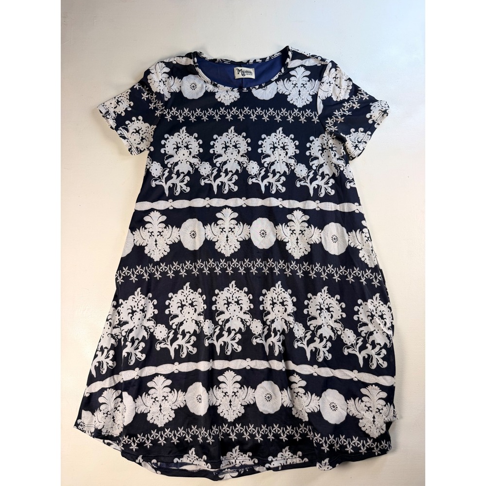 Show Me Your Mumu Shift Dress Womens M Navy Blue Excellent Damask Floral Mini